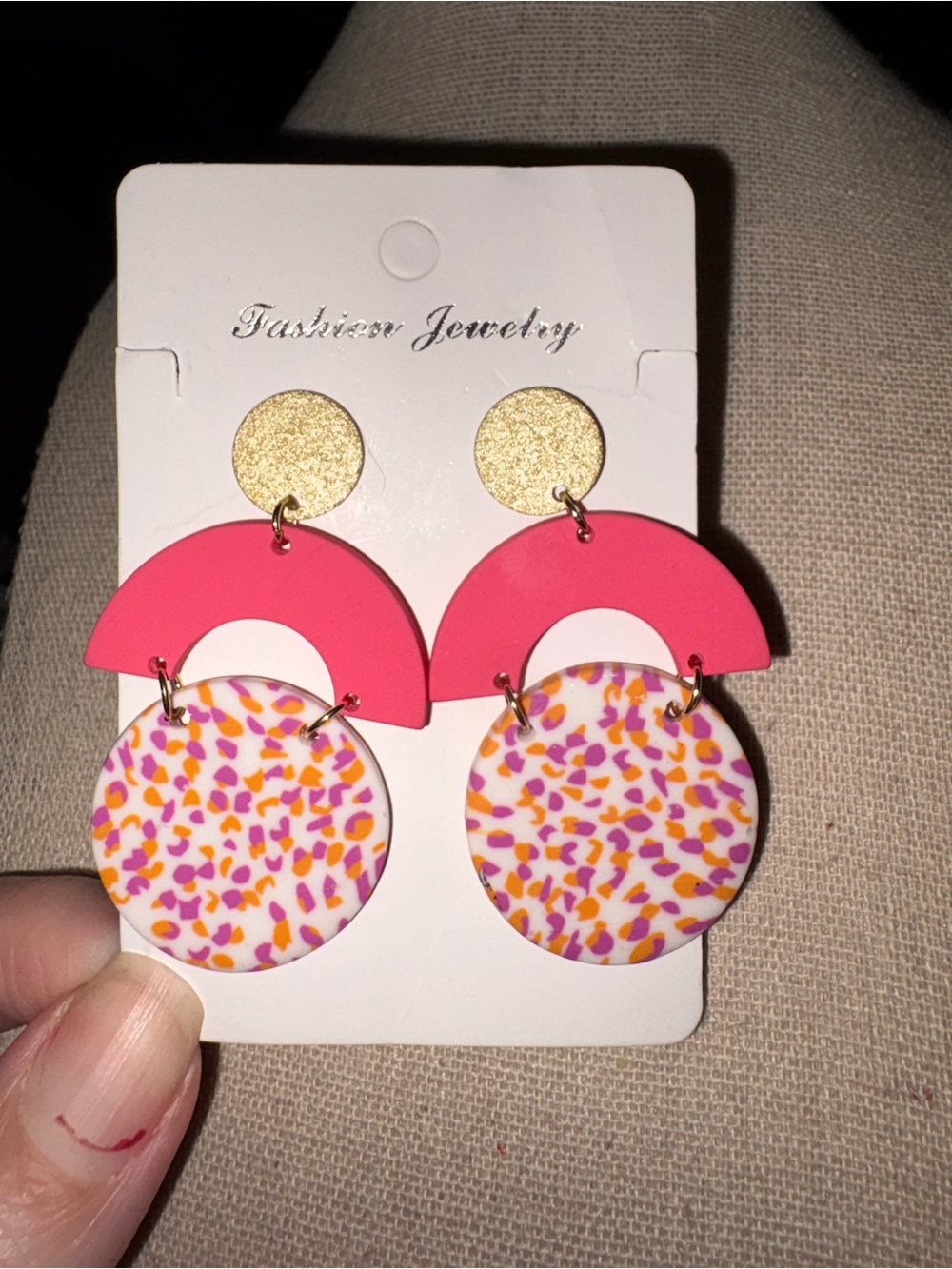 Fashion Jewelry Hot Pink & Gold Kids Drop Earrings with Multicolor Speckle